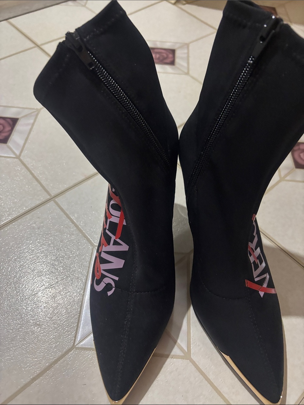 Versace Black Pointed Sock Heels with Branded Side Detail